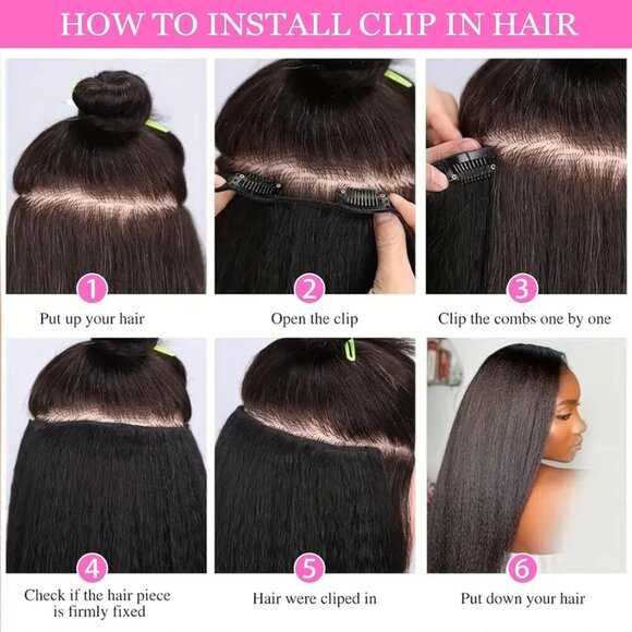 14 Inch Kinky Straight Clip In Hair Extensions Natural Black Full Head Seamless main image 6
